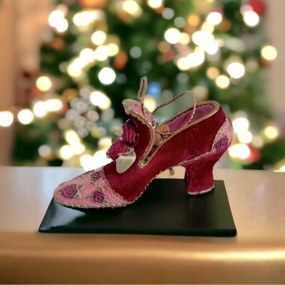 Victorian Mini Shoe Figurine Christmas Ornament Burgundy Gold Embroidered VG